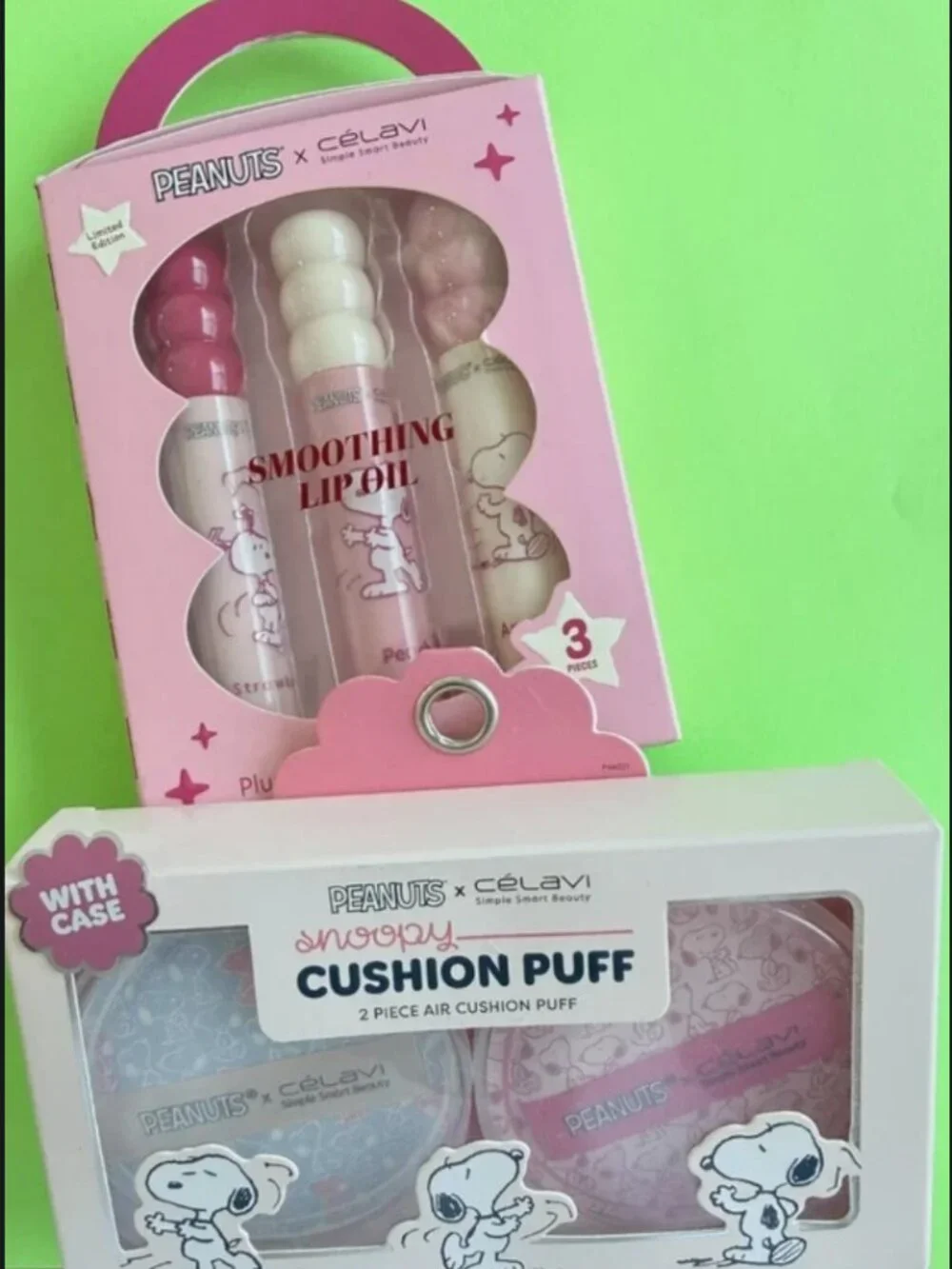 Snoopy Peanuts x Célavi 3PK Smoothing Lip Oil Trio & Cushion Puffs 2PK